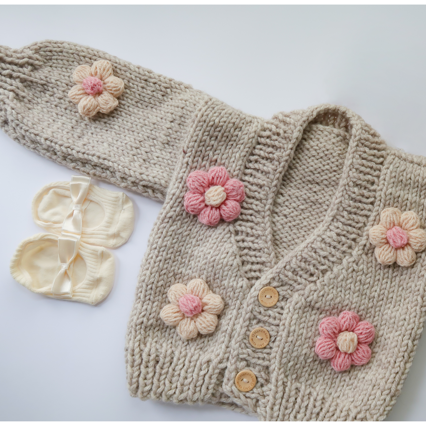 0-6 months - Flower Cardigan Sweater - Beige