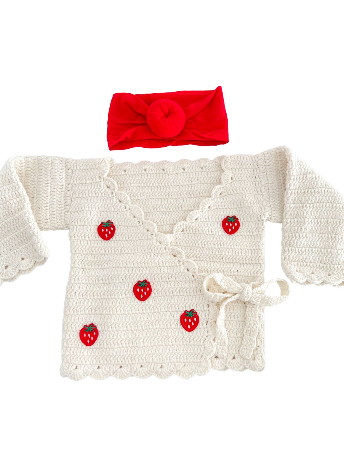 Cross Tie Strawberry Patch Knitted Cardigan - Cream
