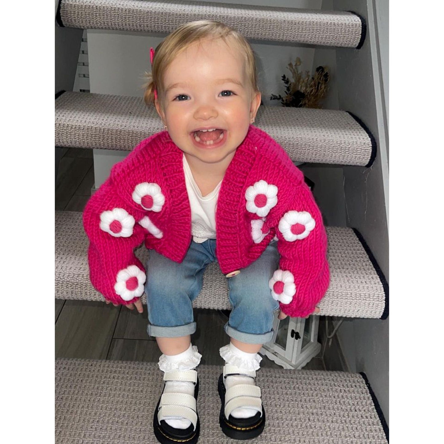 Flower Cardigan Sweater - Hot Pink