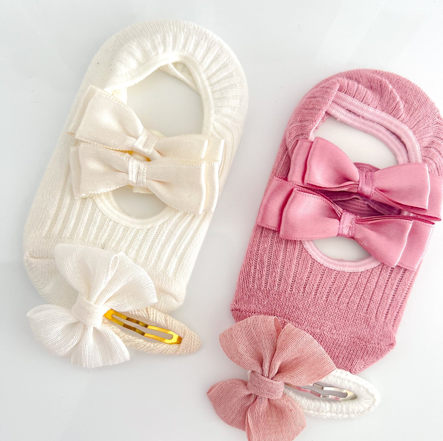 Baby Girl Gift Box with pink and ivory socks and baby hair clips