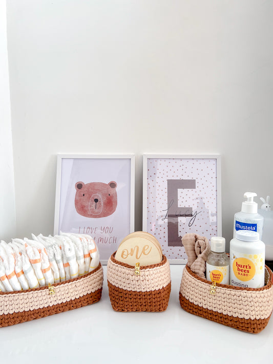 Neutral nursery storage basket baby shower gift set for diapers, wipes, and baby essentials