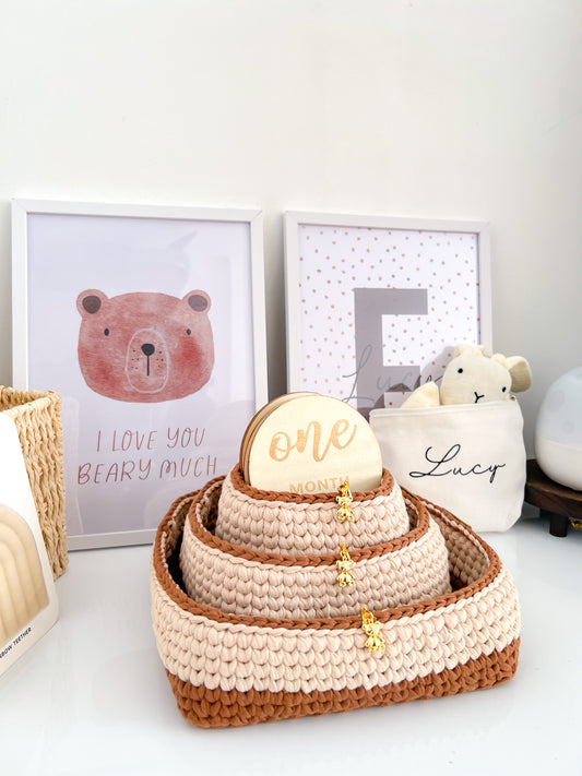 Handmade nude baby essentials organiser basket with crochet design