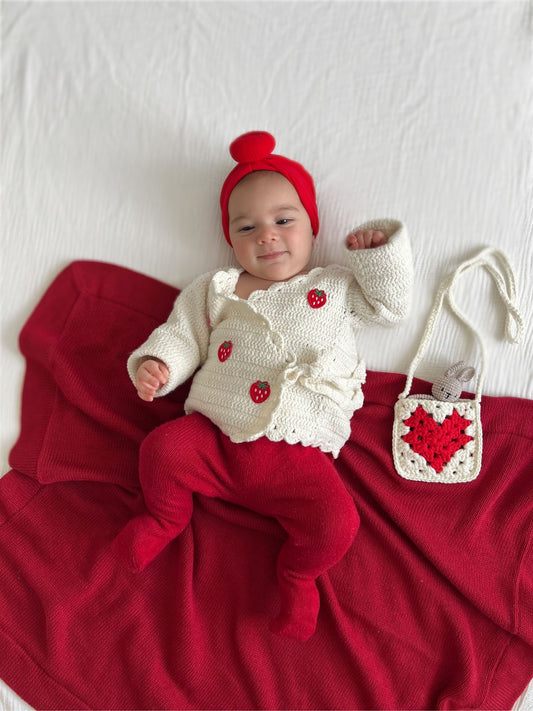 Cross Tie Strawberry Patch Knitted Cardigan - Cream