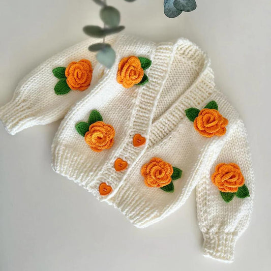 Flower Rose Cardigan Sweater - Orange