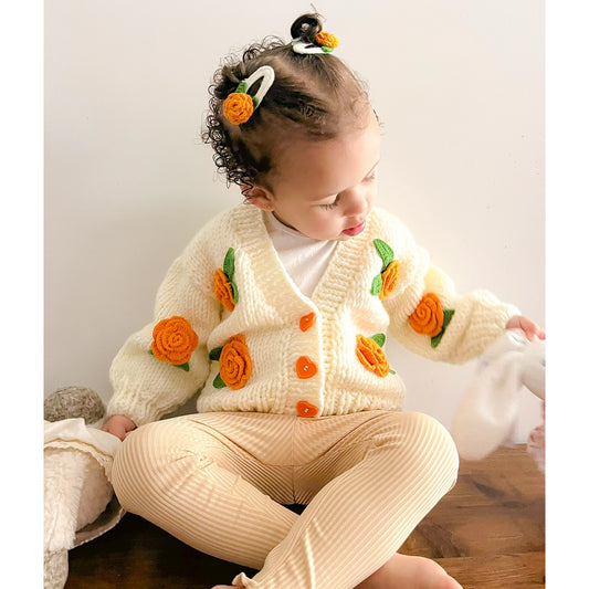 Flower Rose Cardigan Sweater - Orange