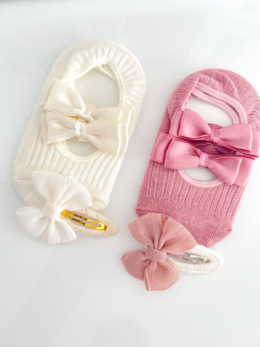 Baby Girl Gift Box with pink and ivory socks and baby hair clips